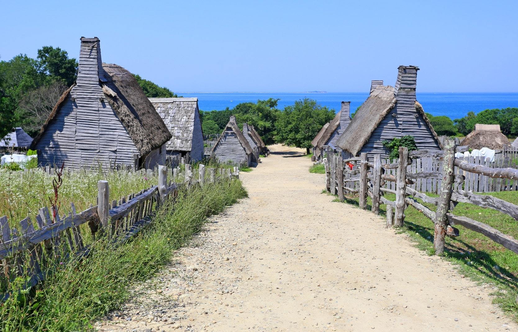 Historic buildings at Plimoth plantation in Plymouth, Massachusetts